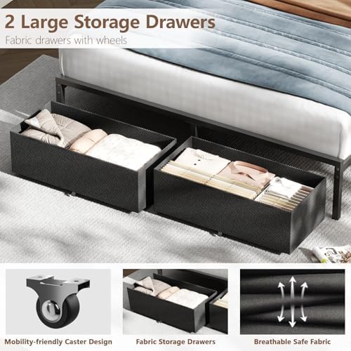 Furnulem Queen Bed Frame with Adjustable Headboard and Storage Drawers
