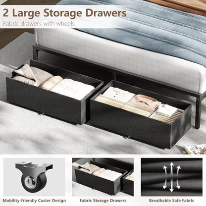 Furnulem Queen Bed Frame with Adjustable Headboard and Storage Drawers
