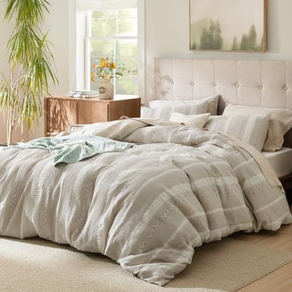 Bedsure PureWoven Boho Striped Cotton Waffle Duvet Cover Set, Queen, Linen