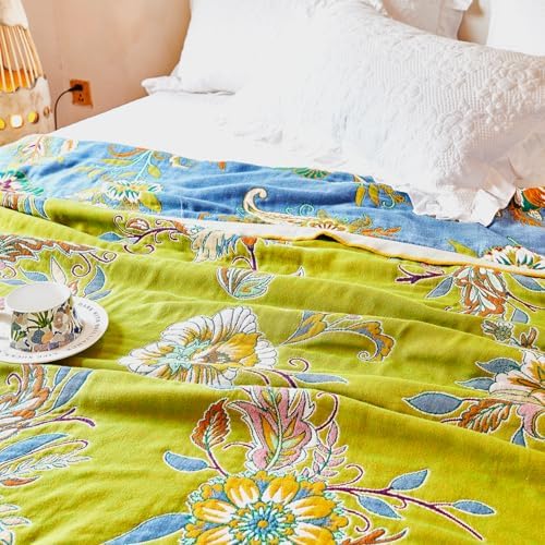 VANJOROY Boho Throw Blanket, 100% Organic Cotton Breathable Ultra Soft Bed Quilt Throw - All Season Luxury Floral Farmhouse Decor Blanket for Sofa Couch Chair and Gift. 91" x 98"-Green/Blue