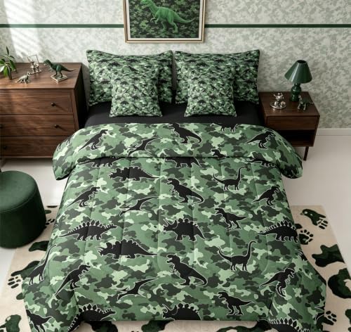 Feelyou Dinosaur 7 Piece Bedding Set Camouflage Print Comforter Set with Sheets for Kids Boys Girls Army Green Bed in a Bag Animal Theme Bed Set Soft Lightweight