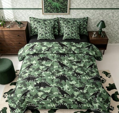 Feelyou Dinosaur 7 Piece Bedding Set Camouflage Print Comforter Set with Sheets for Kids Boys Girls Army Green Bed in a Bag Animal Theme Bed Set Soft Lightweight