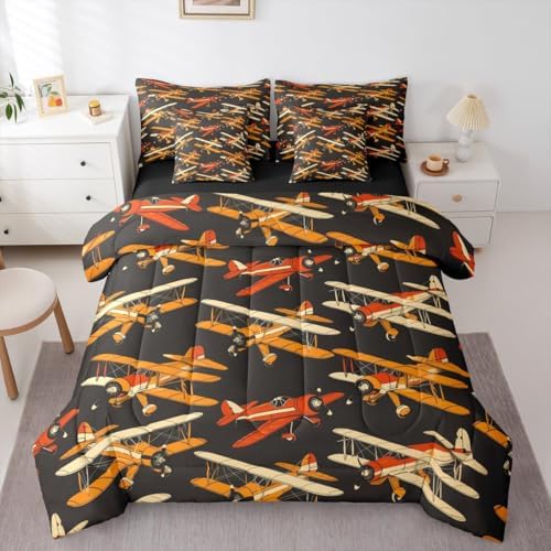 Erosebridal Cartoon Aircraft Comforter Set with Sheets King, Modern Airplane Bed in A Bag, Propeller Plane Black 7 Pcs Bedding Set for Kids Boys Men Bedroom Decor, Aviation Theme Bed Sets