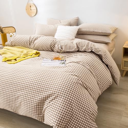 mixinni Tan Gingham Comforter Set Full, Plaid Comforter Set 3 Pieces 1 Beige Grid Comfoter with 2 Pillow Cases for All Seasons, Soft Fluffy Modern Grid Pattern Printed Bedding-Full Size