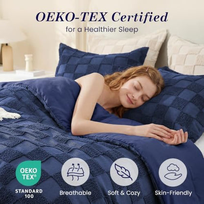 Sasttie Queen Comforter Set, 3 PC Boho Tufted Bed, Checkered Bedding, Navy