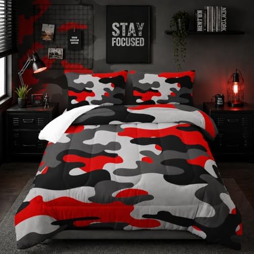 Nttopship Red Camo Comforter Set for Girls Men，Twin Size Red Camouflage Bedding Sets for Kids Boys,Ultra Soft Lightweight Bedding Sets，Kids Room Decor with 1 Comforter with 2 Pillow Case