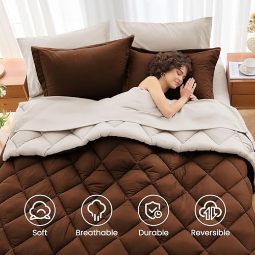 MUXHOMO 7 Pieces King Comforter Set, Reversible Bed in a Bag King Size, All Season Bedding Set with Comforter, Flat Sheet, Fitted Sheet, Pillowcases & Shams, Brown & Khaki