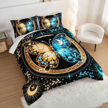 Butterfly Comforter Boho Bedding Sets Queen Size,Blue Gold Sun and Moon Printed Comforter Bedding Sets for Kids Teens Girls Room Decor,Aesthetics Butterfly Comforter Sets with 2 Pillowcases.