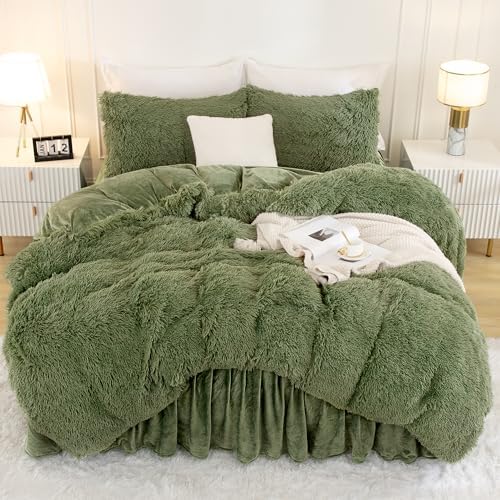 Andency Sage Green King Size Comforter Set, Fluffy Faux Fur Warm Bed Set