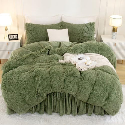 Andency Sage Green California King Comforter Set, Fluffy Faux Fur Bed Set