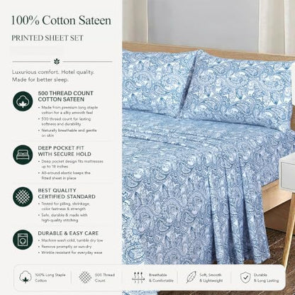 Feather & Stitch 100% Cotton Sateen 500 TC Cal King Size Bed Sheet Set