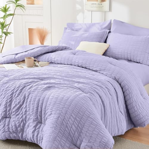 HYMOKEGE Light Purple California King Comforter Set Seersucker 7 Pieces, All Season Luxury Bed in a Bag for Bedroom, Bedding Set with Comforter, Sheets, Pillowcases & Shams
