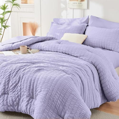 HYMOKEGE Light Purple California King Comforter Set Seersucker 7 Pieces, All Season Luxury Bed in a Bag for Bedroom, Bedding Set with Comforter, Sheets, Pillowcases & Shams