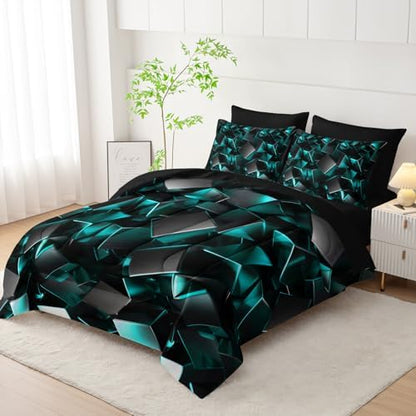 Nttopship Turquoise Black Geometric Comforter Set Queen Size 7PCS,Abstract Triangular Printed Bedding Set for Adults,Geometric Mordern Art Decor All Seasons with Pillowcases,Flat, Fitted Sheet