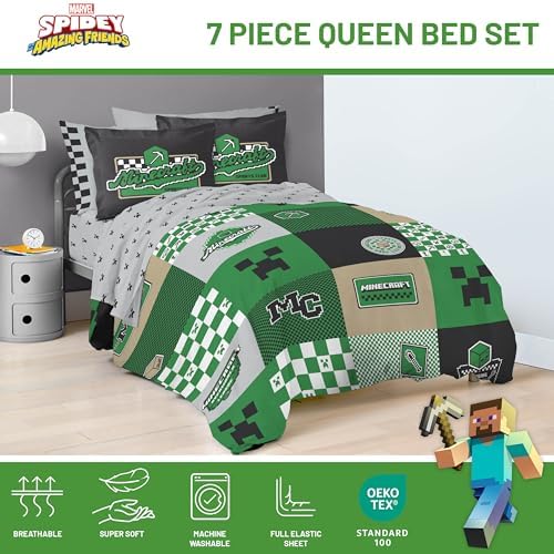 Minecraft Creeper Queen Comforter Set 7 Piece Kids Bedding for Boys, Multi