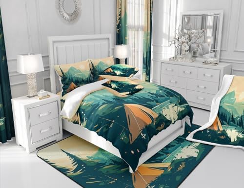 Happy Camping Comforter Set Twin Size,Sunset Mountain Camper Bedding Set for Kids Teens Adults Room Decor,Lake Tree Woodland Duvet Insert 2Pcs,Nature Scenery Camper Adventure Quilt Set,1 Pillowcase