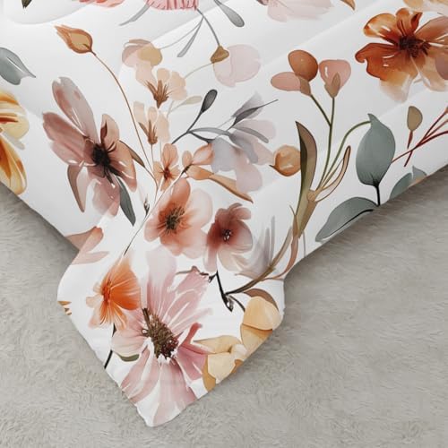 Nttopship Pink Yellow Floral Comforter Bedding Set with 2 Pillowcase King Size Flower Comforter Set for Kids Boys Girls Bedroom Decor