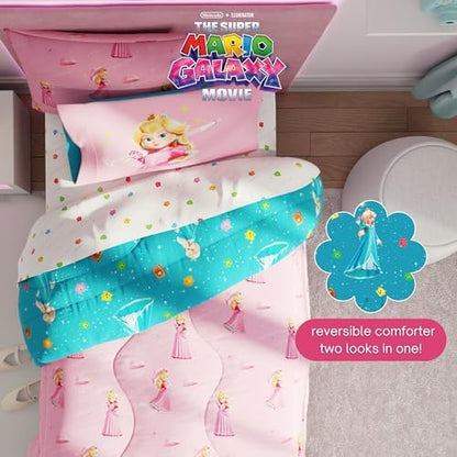 The Super Mario Galaxy Movie Bedding Set, Twin Size 5 Piece Set Kids Super Soft Cozy Reversible Comforter and Sheet Set with Sham, Princess Peach (100% Officially Licensed Product) by Franco
