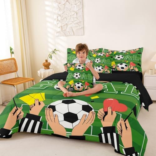 Erosebridal Soccer Gaming Boys Kids Green Football Court 7 Piece Bedding Set Twin | Ball Games Comforter Set with Sheets Sports Theme Playground Bed in A Bag Striped Bed Sets