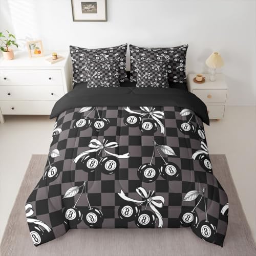 7 Piece Y2K Lucky 8 Ball Comforter Set Full Coquette Cherry Bow Bedding Set For Kids Boys Girls,Black Brown Checkered Plaid Bed In A Bag With Sheets Fashion Funky Aesthetic Bed Set Preppy Room Decor