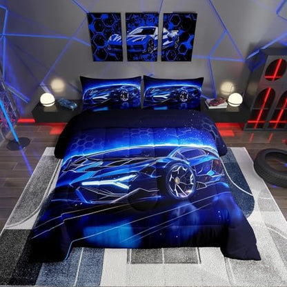Feelyou Kids Boys Sports Comforter Set King Size Blue Race Car Comforter for Kids Teens Room Decor Extreme Sports Theme Bedding Set Cool Speed Luxury Car Decor Quilt Set Soft for All Season