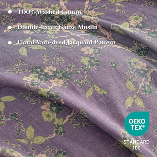 Simple&Opulence Muslin Duvet Cover Set King Size, 100% Washed Cotton 3 Pieces Yarn-Dyed Vintage Purple Floral Jacquard Textured Bedding, Soft & Breathable Gauze Comforter Cover with Zipper Closure