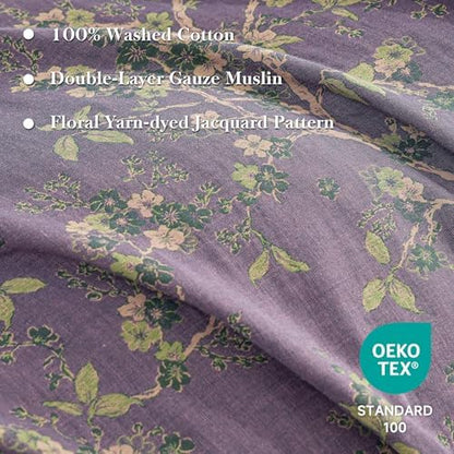 Simple&Opulence Muslin Duvet Cover Set King Size, 100% Washed Cotton 3 Pieces Yarn-Dyed Vintage Purple Floral Jacquard Textured Bedding, Soft & Breathable Gauze Comforter Cover with Zipper Closure