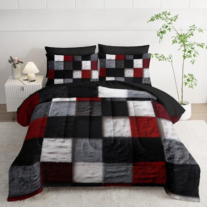 7 Piece Black White Red Checkered King Size Comforter Set with Sheets，King Size Quilt Bedding Set Checkered，(1 Comforter, 1 Flat Sheet, 1 Fitted Sheet, 2 Pillowcase and 2 Pillow Sham)