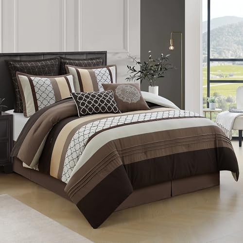 LANCO MODERN LIFESTYLE California King Comforter Set, Brown Bedding Set, Jacquard Woven with Embroidery, 8 Pieces Bed in a Bag, Bed Skirt, Shams and Decorative Pillows