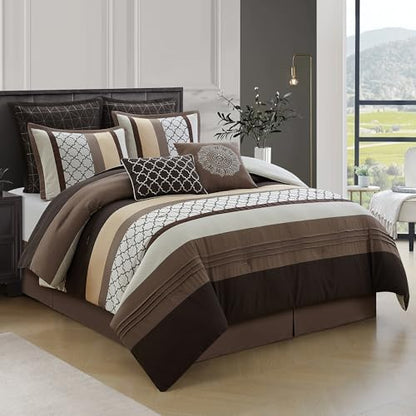 LANCO MODERN LIFESTYLE California King Comforter Set, Brown Bedding Set, Jacquard Woven with Embroidery, 8 Pieces Bed in a Bag, Bed Skirt, Shams and Decorative Pillows