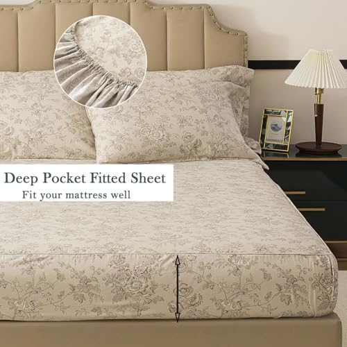 FADFAY Luxury 100% Percale Cotton Twin XL Sheets for College Dorm – Vintage Botanical Floral Bedding, Crisp Cool Breathable Bed Sheets, Deep Pocket Fitted Sheet, French Country Style, 4 Piece Set