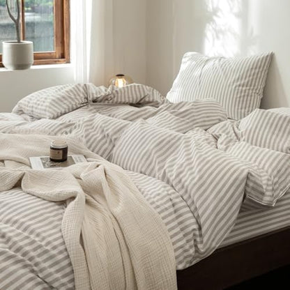 FOSSA Striped Duvet Cover Set 100% Washed Cotton Linen Feel Super King