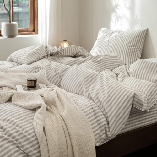 FOSSA Striped Duvet Cover Set 100% Washed Cotton Linen Feel Super Queen