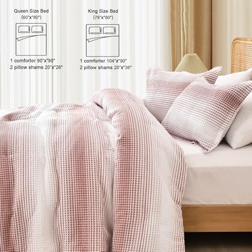 PHF Yarn Dyed Waffle Comforter Set 3 Pieces Queen, White and Brick
