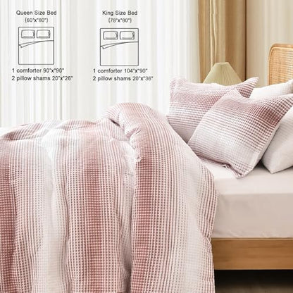 PHF Yarn Dyed Waffle Comforter Set 3 Pieces Queen, White and Brick