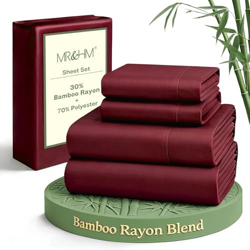 MR&HM Queen Sheets 4 Pieces, Rayon Derived from Bamboo Blend, Burgundy