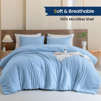 Paxrac Dusty Blue California King Comforter Set, 3 Pieces Lightweight Solid Bedding Set, Soft Fluffy Comforter, All Season Cal King Bed Set (104"x96" Comforter & 2 Pillowcases)