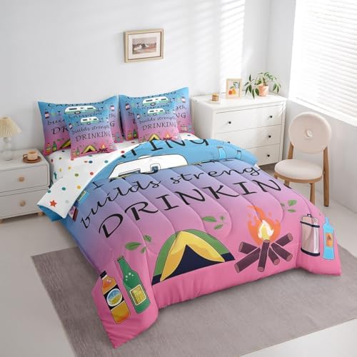 Erosebridal 7 Piece RV Bunk Twin Bedding Set for Camper,Drinking and Camping Comforter Set for Kids Teen Adults,Travel Trailer Quilt Bed Set Pink Blue Gradient Comforter with Fitted + Flat Sheet