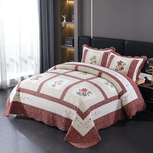 vctops Christmas Red 3 Piece Embroidered Floral Quilted Bedspread Quilt Set 100% Cotton Reversible Patchwork Coverlet Set 1 Quilt and 2 Pillow Shams (Red,King)