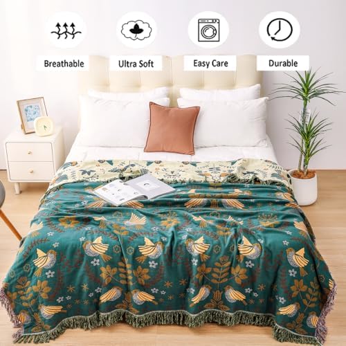 VANJOROY Boho Throw Blanket, 100% Organic Cotton Breathable Ultra Soft 91" x 108" King Bed Quilt Throw - Floral Rustic Bird Farmhouse Decor Luxury Blanket for Sofa Couch Chair and Gift,Teal/Beige
