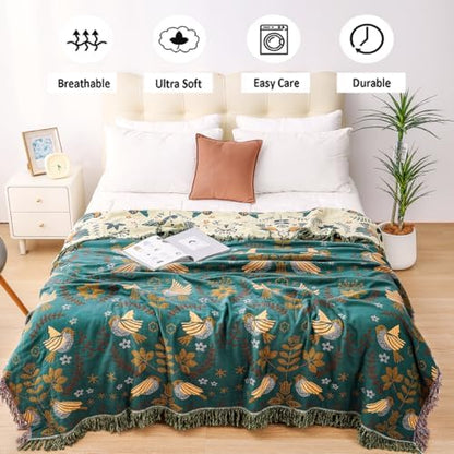 VANJOROY Boho Throw Blanket, 100% Organic Cotton Breathable Ultra Soft 91" x 108" King Bed Quilt Throw - Floral Rustic Bird Farmhouse Decor Luxury Blanket for Sofa Couch Chair and Gift,Teal/Beige