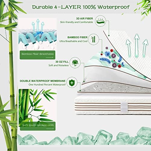 GRT Twin XL Waterproof Mattress Protector Rayon Bamboo - 3D Air Fiber Cooling Mattress Cover Breathable Ultra Soft, Mattress Pad Noiseless Fits up to 19'' Deep Pocket Washable