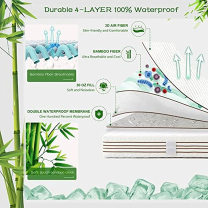 GRT Queen Waterproof Mattress Protector Rayon Bamboo - 3D Air Fiber Cooling Mattress Cover Breathable Ultra Soft, Mattress Pad Noiseless Fits up to 26'' Deep Pocket Washable