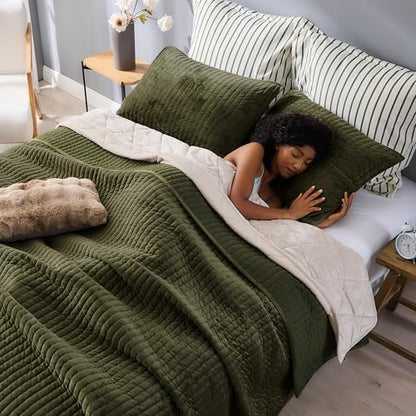 Wonderful - Velvet Quilt Set King Size Olive Green, Soft Cotton-Feel Plush Coverlet with Shams, Premium Vertical Channel Stitched, Lightweight All-Season Bedspread