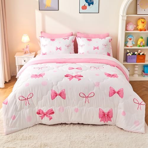 Wajade 7 Piece Pink Bow Bedding Set for Girls Kids Twin Size Comforter Set with Sheet and 2 Pillowcases 2 Pillow Shams Cute Girls Bed in a Bag as Birthday Choice