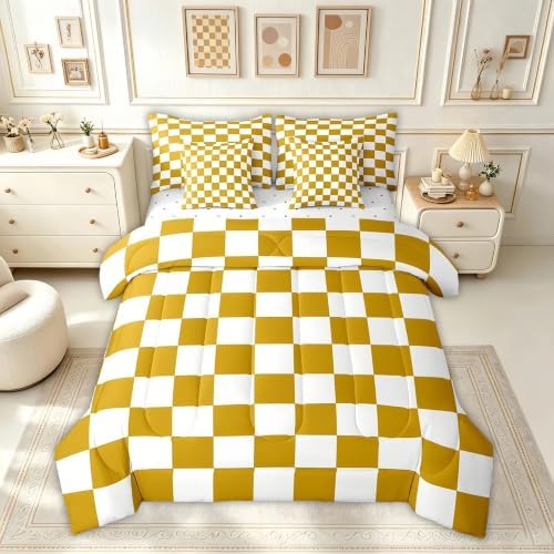 Feelyou Checkered 7 Piece Bedding Set Teen Yellow White Plaid Decoration Comforter Set with Sheets King Size Kids Boys Cute Retro Neutral Grid Geometric Bed in a Bag Vintage Aesthetic Room Decor