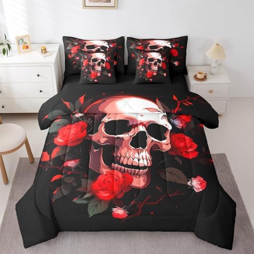 Erosebridal 7Pcs Sugar Skull Comforter Set Full Size,Skull Rose Floral Bedding Set,Exotic Spooky Flowers Bed in A Bag,Halloween Gothic Bones Skeleton Sheet Set with Comforter