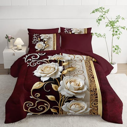 Red and White Floral Comforter Set Twin Size 7 Piece，Rose Twin Bedding Set，(1 Comforter, 1 Flat Sheet, 1 Fitted Sheet, 2 Pillowcase and 2 Pillow Sham)，White Rose Bedroom Decor
