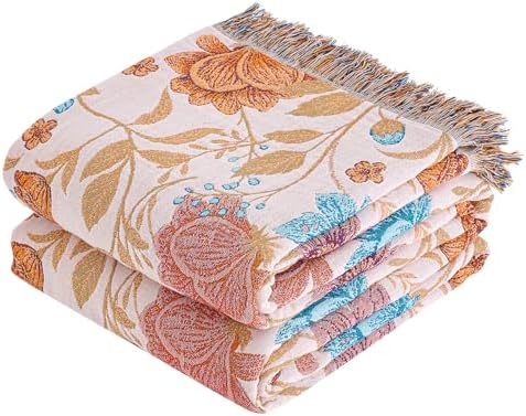 VANJOROY Boho Throw Blanket, 100% Organic Cotton Breathable Ultra Soft 80" x 90" Bed Quilt Throw - All Season Floral Rustic Farmhouse Decor Luxury Reversible Blanket for Sofa Couch Chair and Gift