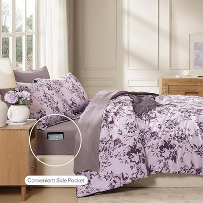 BLOOMHAVEN Full Size Comforter Sets-7 Pieces Purple Floral Bed in a Bag